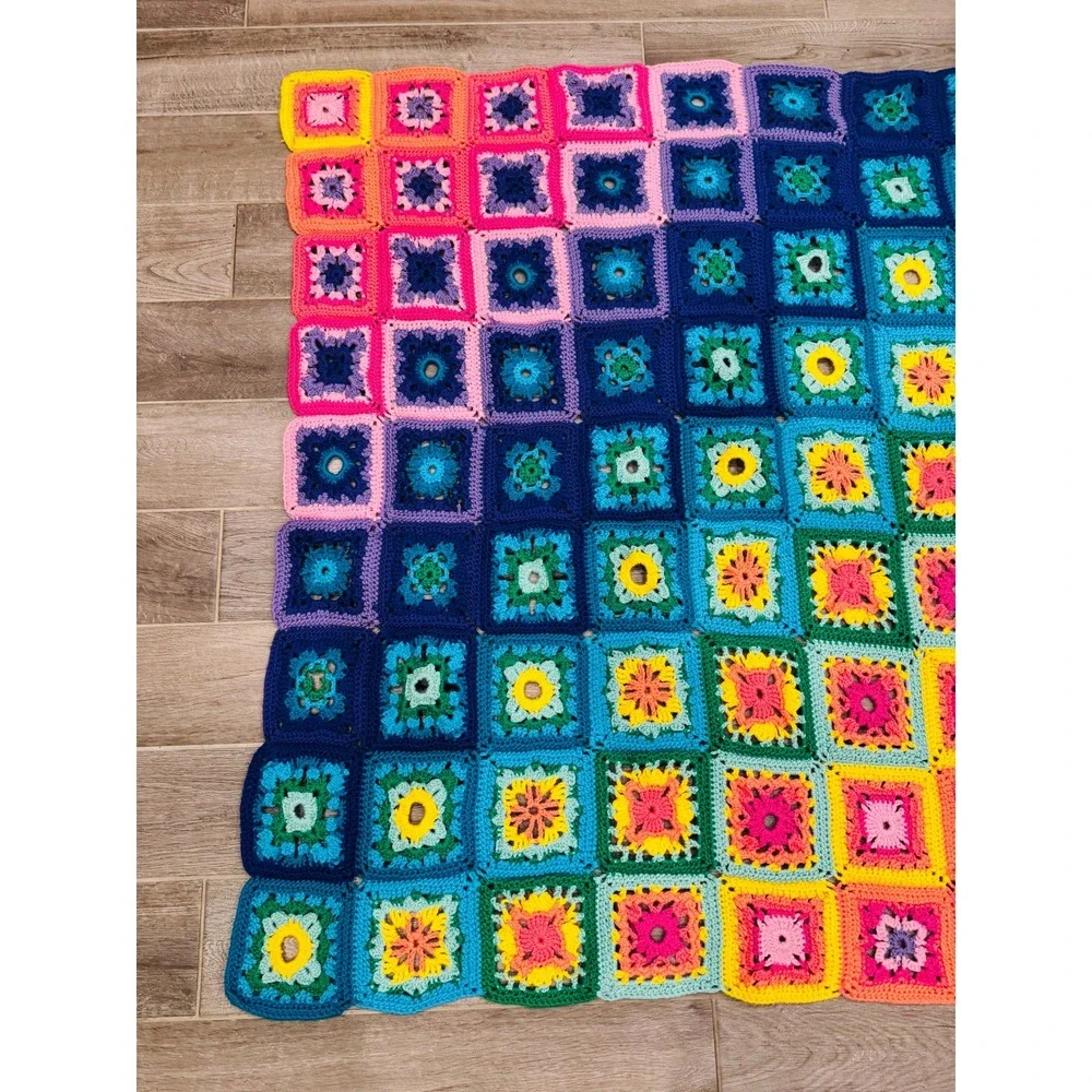 Handmade Crochet Granny Square Throw Blanket Rainbow Ombre Afghan 48x52 Boho
